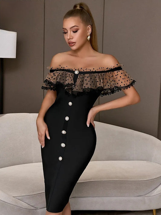 robe-vintage-haute-qualite-matiere-bandage-noir-col-bardot-a-pois