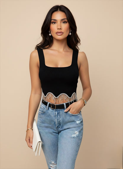 top côtelé court pour femme à strass noir 