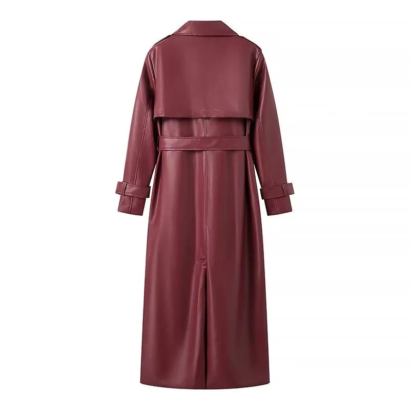 trench femme long en similicuir bordeaux  