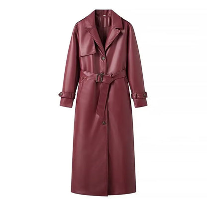 trench femme long en similicuir bordeaux  