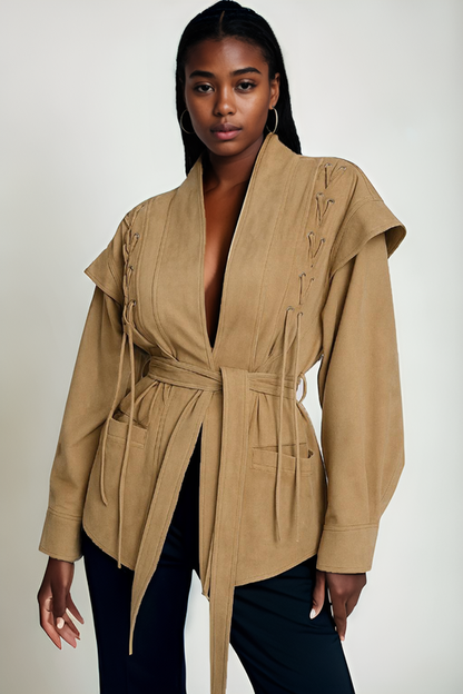 Veste beige pour femme en daim à lacet à nouer