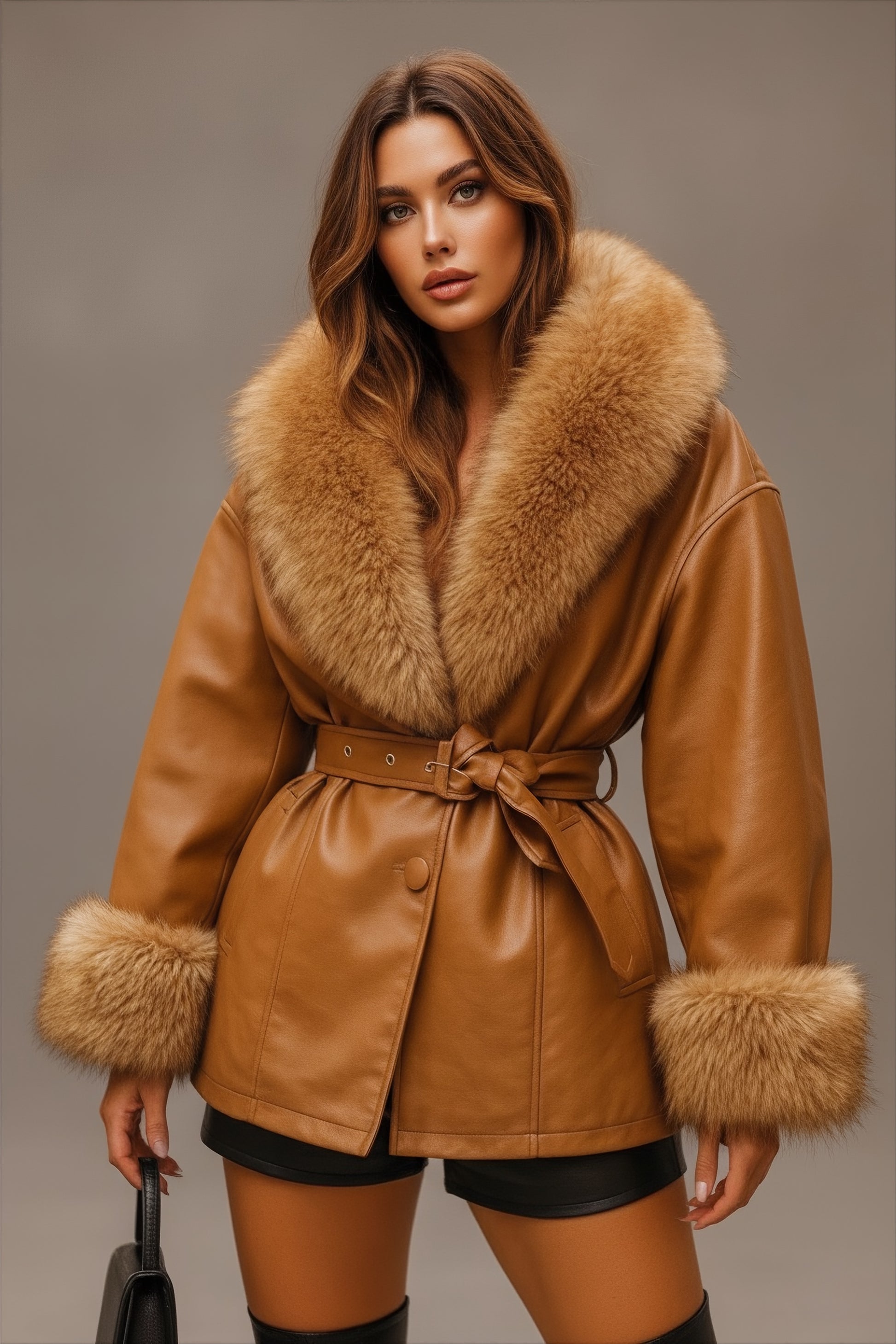 Veste mi longue pour femme en similicuir camel et fausse fourrure ceinturé à la taille 