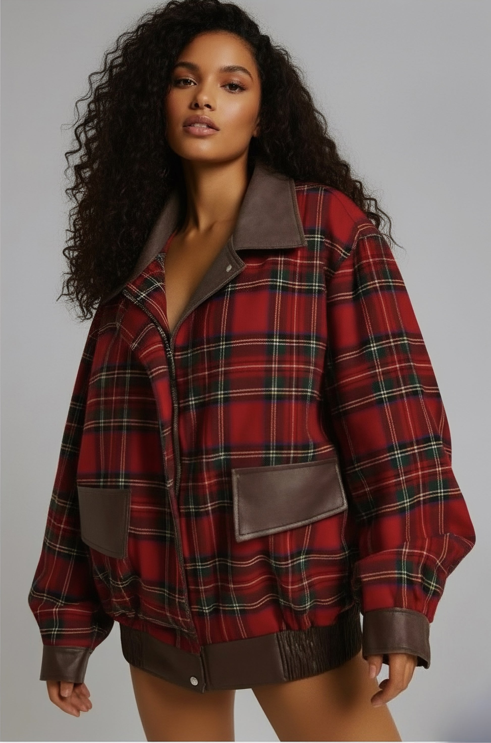 Veste réversible oversize pour femme à carreaux rouge et similicuir cuir bordeaux 