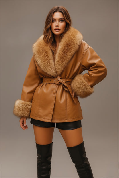 Veste mi longue pour femme en similicuir camel et fausse fourrure ceinturé à la taille 