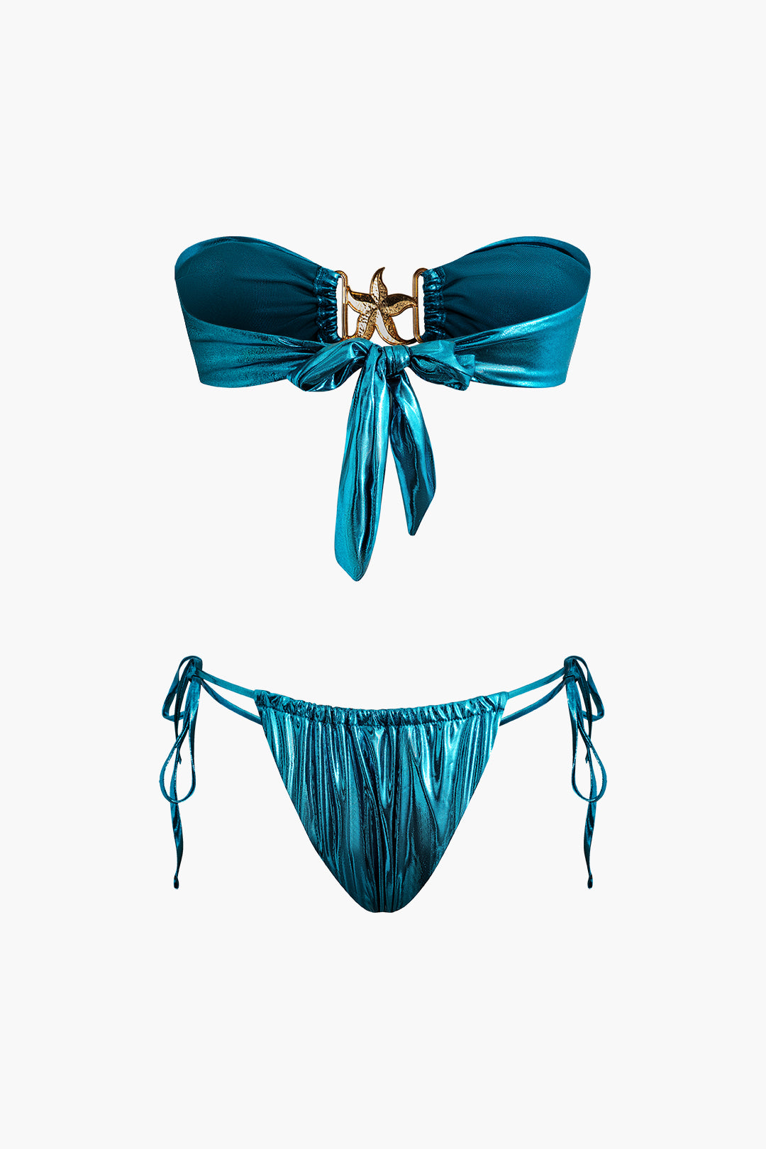 maillot de bain femme deux pièces bleu métallique à détails étoile dorée 