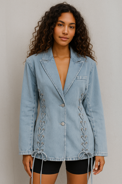 Blazer pour femme à lacet en jean bleu clair 