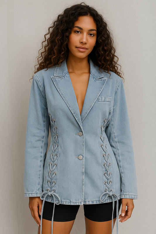 Blazer pour femme à lacet en jean bleu clair 