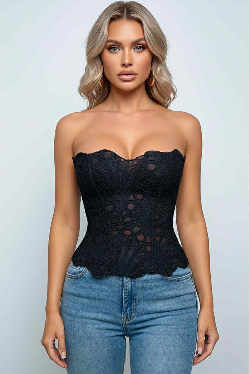 Bustier femme noir en dentelle transparent avec lacet au dos 