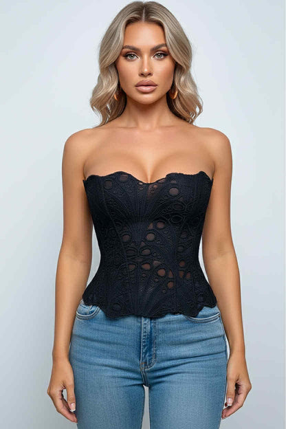 Bustier femme noir en dentelle transparent avec lacet au dos 