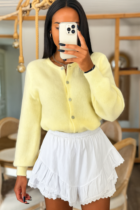 cardigan jaune pastel pour femme manches bouffantes 