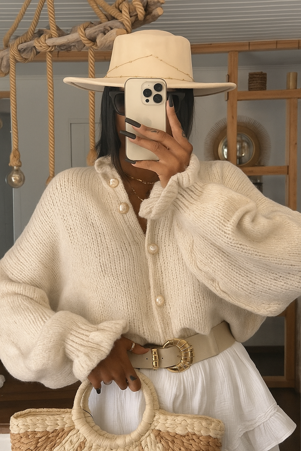 cardigan femme beige avec boutons et manches ballons 