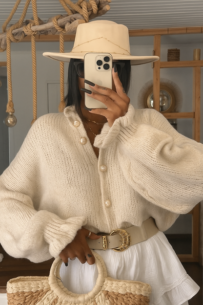 cardigan femme beige avec boutons et manches ballons 