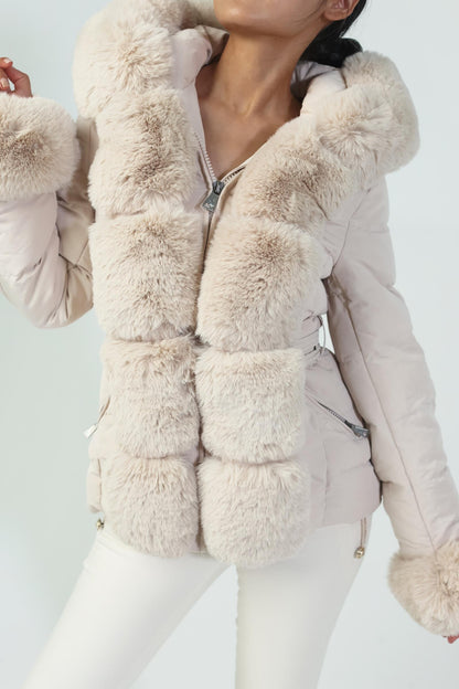 doudoune pour femme courte avec fourrure épaisse beige 