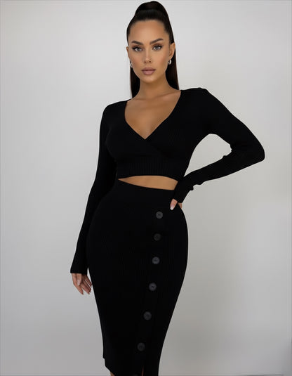 ensemble deux pièces pour femme crop top manches longue et jupe longue côtelé avec boutons sur le coté , noir