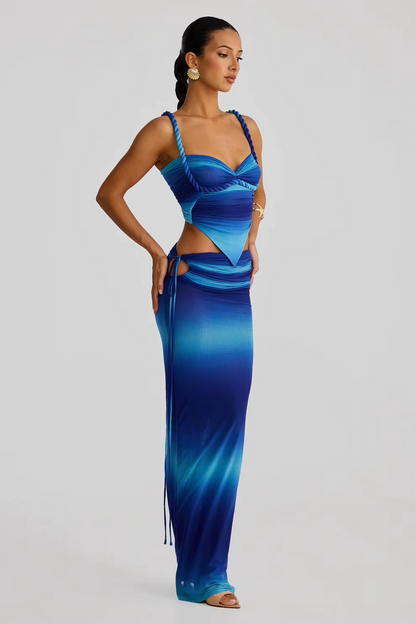 ensemble femme jupe longue et top asymétrique dégradé de bleu 