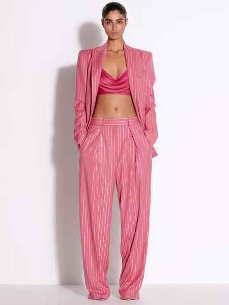 ensemble tailleur blazer et pantalon pour femme motif rayé à strass rose 