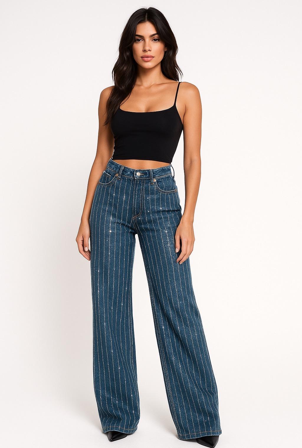 Jean droit bleu foncé à strass