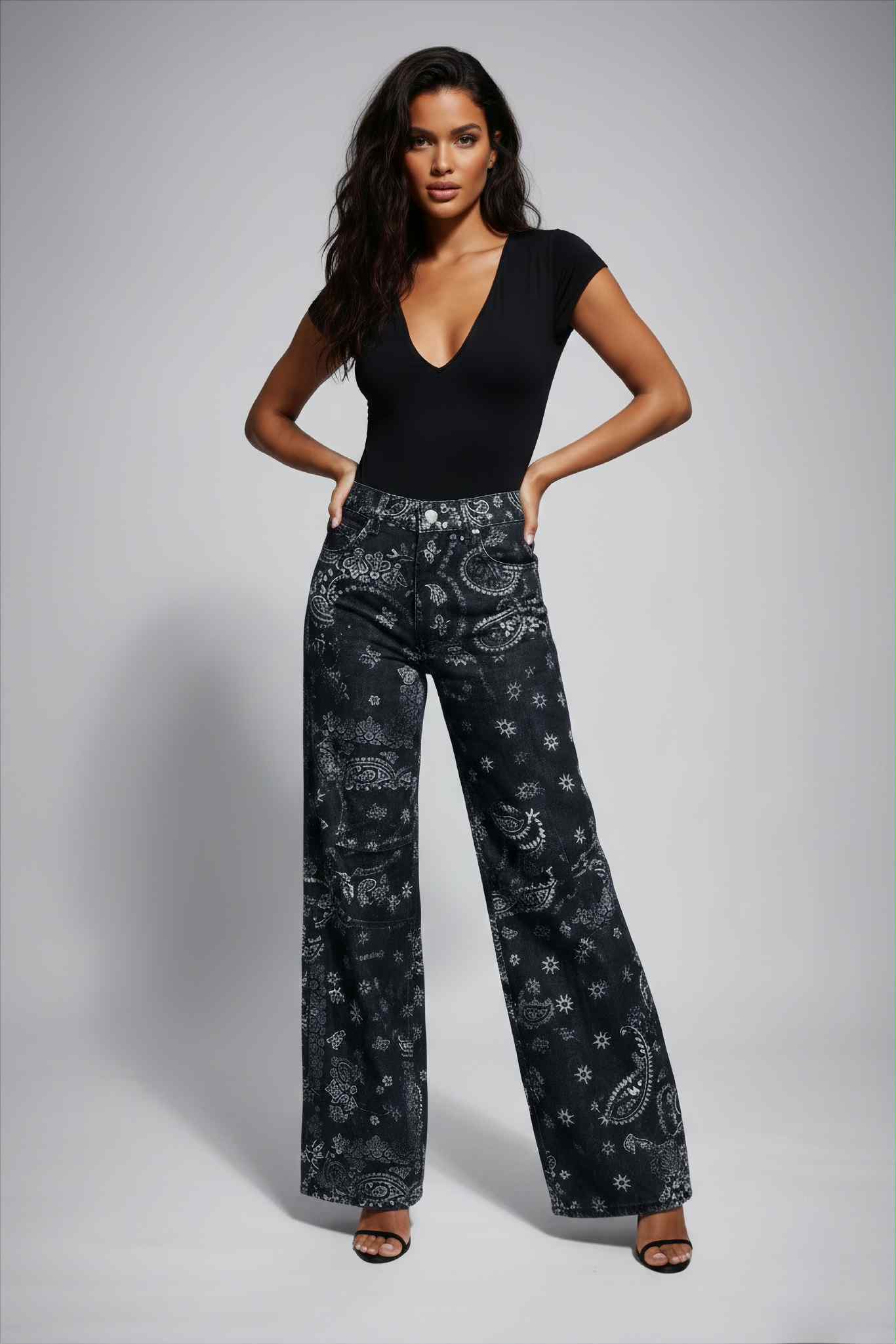 jean femme large noir imprimé bandana 
