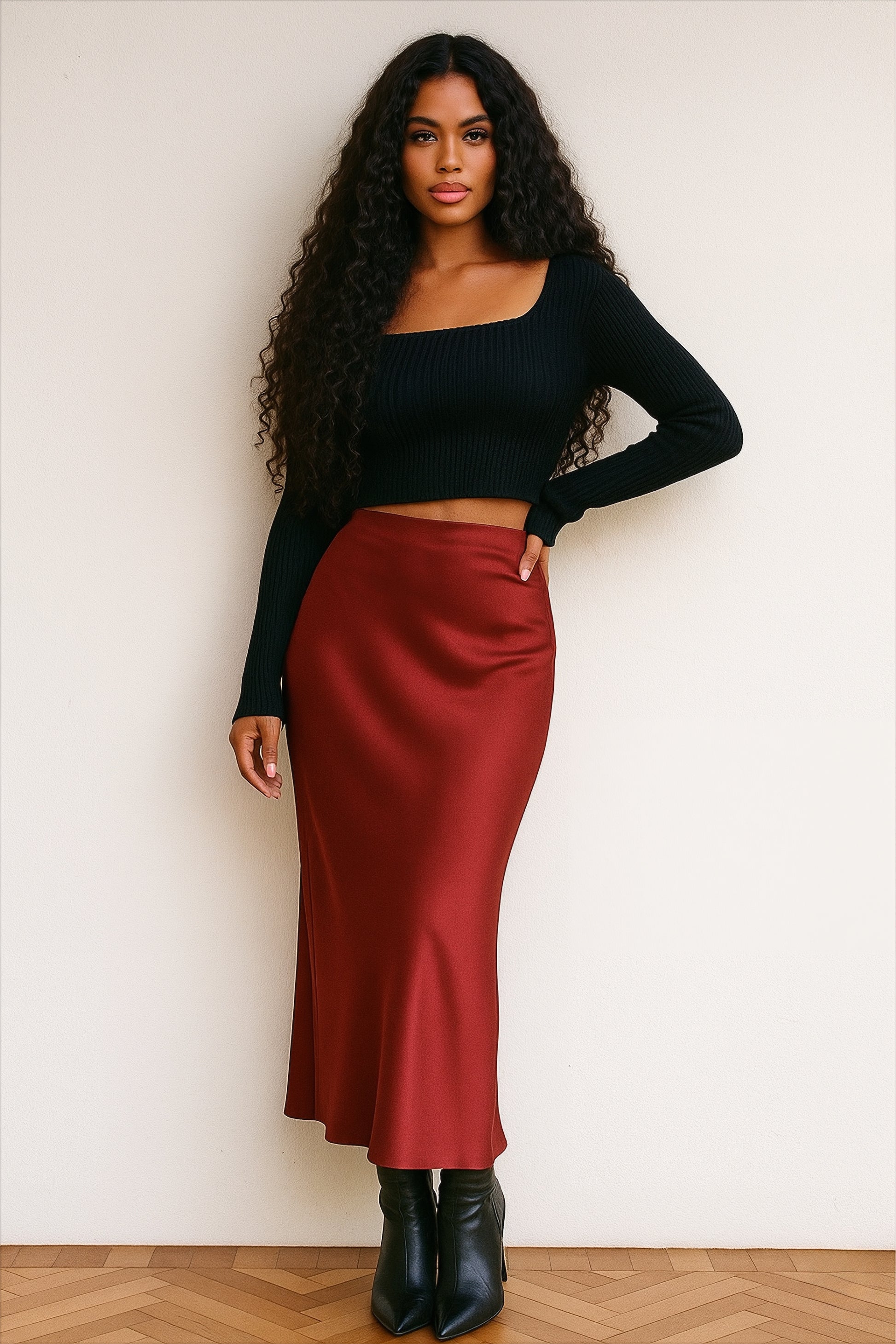 jupe pour femme coupe évasé en satin bordeaux 