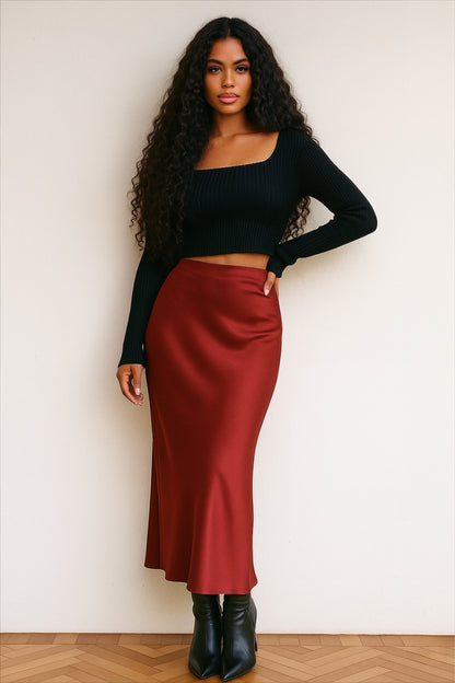 jupe pour femme coupe évasé en satin bordeaux 