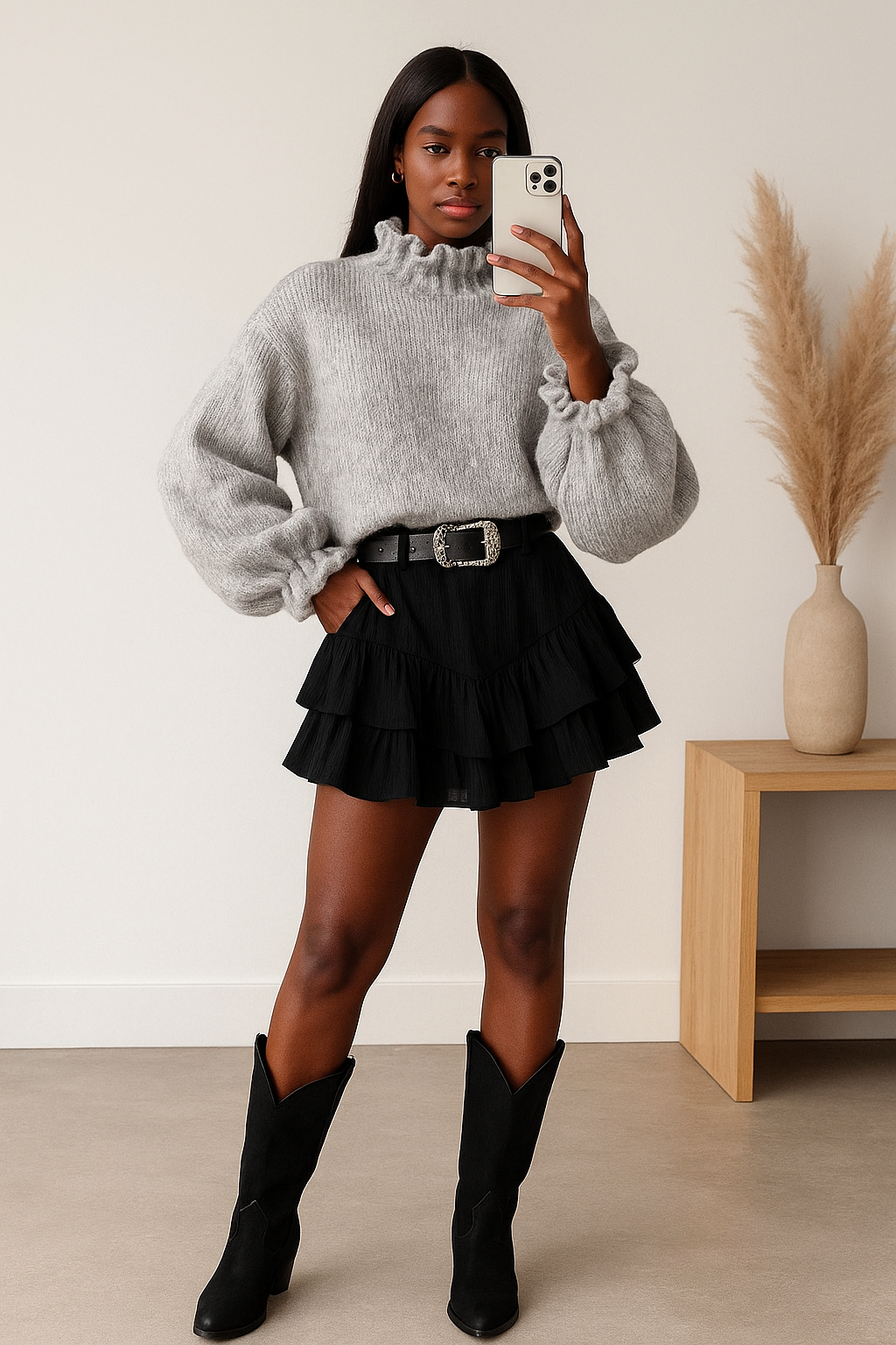 pull col roulé femme gris manches ballons à volants 