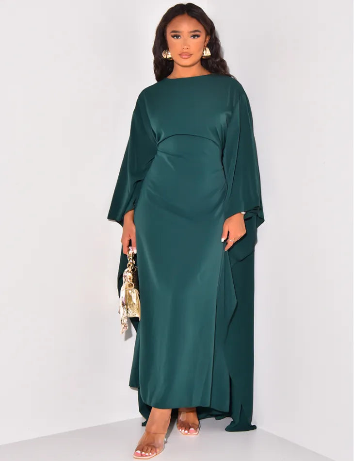 robe-femme-abaya-longue-cape-manches-chauves-souris-vert