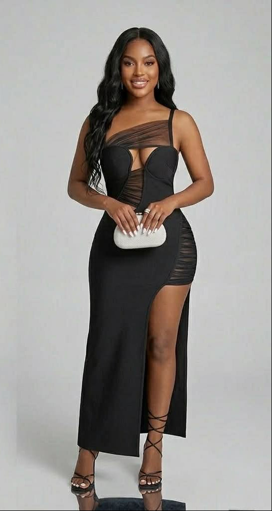 Robe femme de soirée noire haute qualité coupe asymétrique