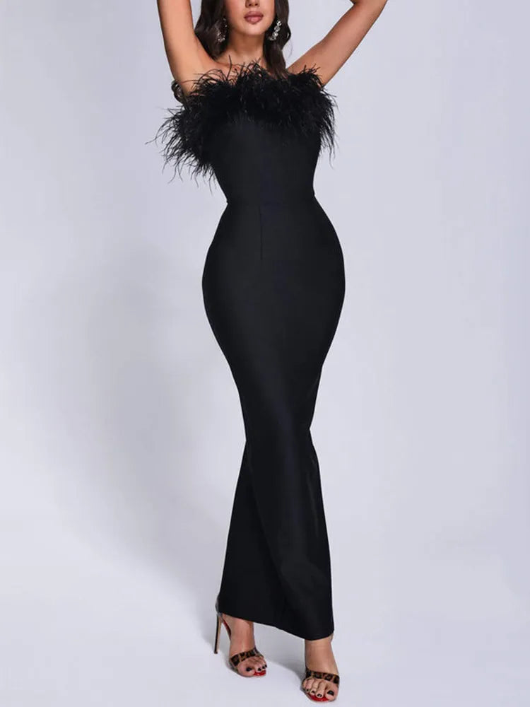 robe-bandage-bandeau-noire-a-plumes