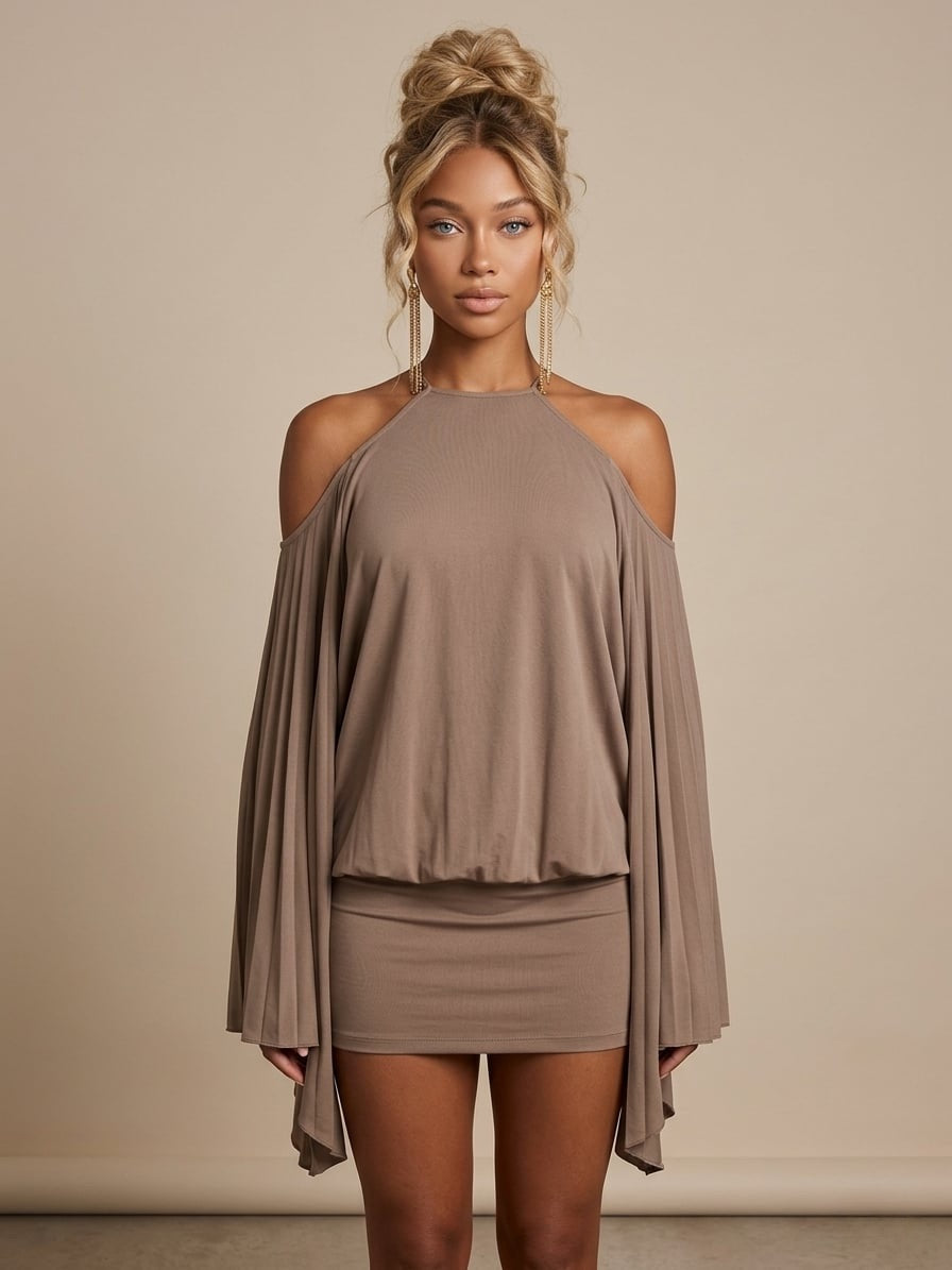 robe courte pour femme avec dos nu manches chauves sauris détails papillon en bas du dos orné de chaines dorées dans le dos couleur taupe