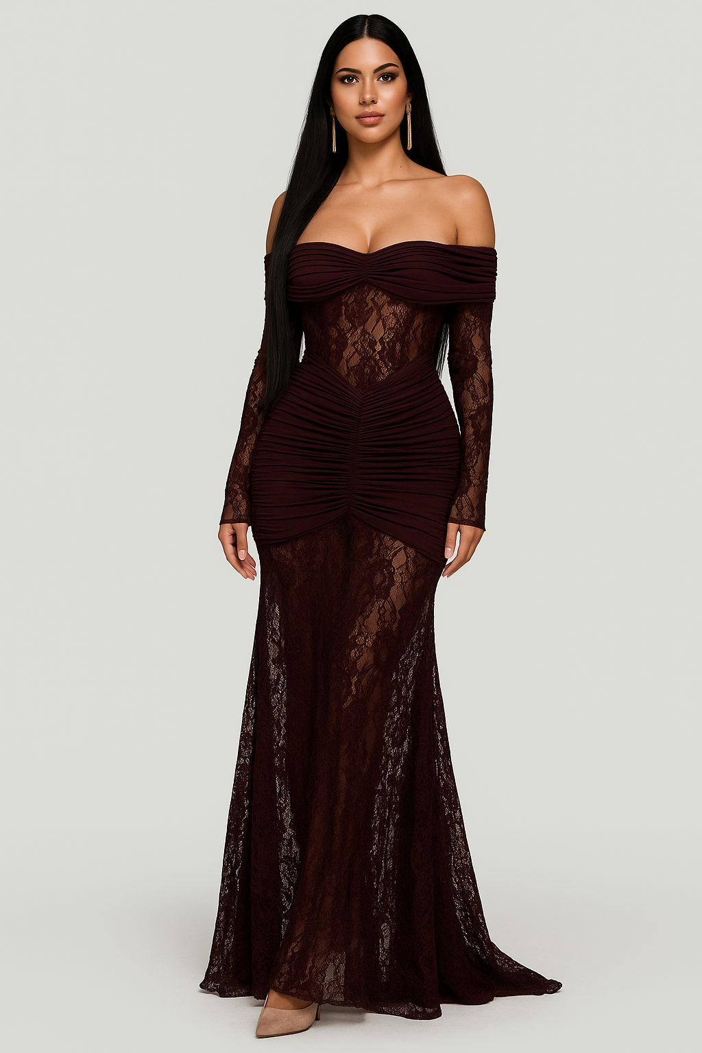 robe pour femme longue en dentelle marron semi transparente manches longues