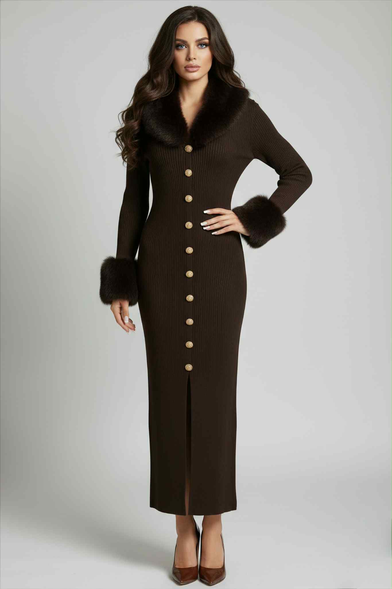 Robe hiver pour femme longue marron en maille et fausse fourrure 