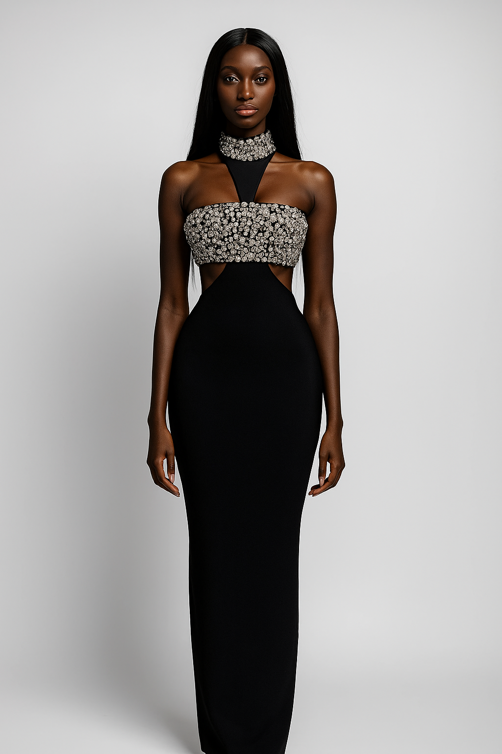 robe glamour longue noire à dos nu haut orné de strass matière bandage haute qualité  