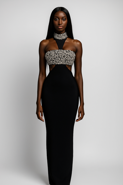 robe glamour longue noire à dos nu haut orné de strass matière bandage haute qualité  