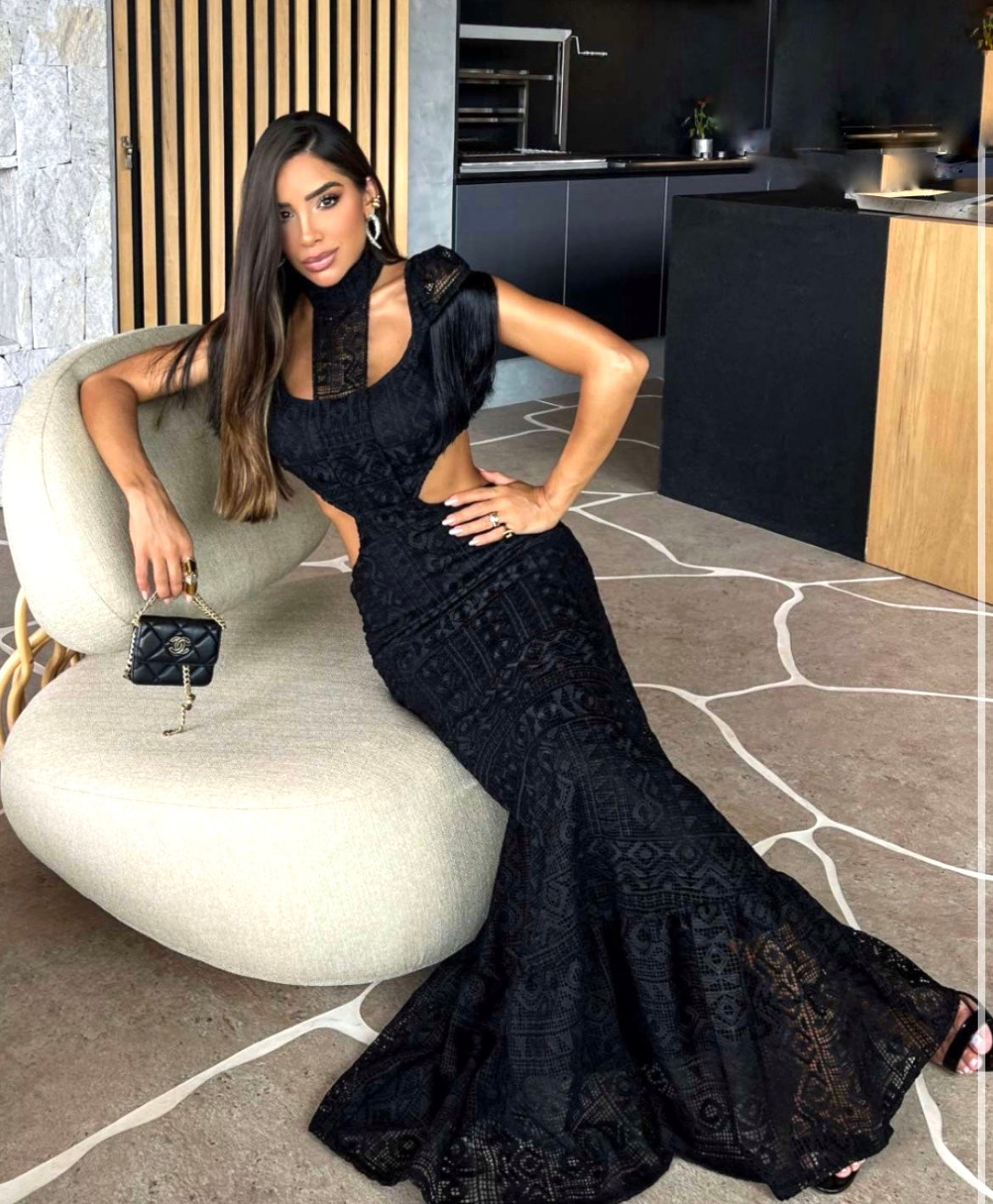 robe longue femme été 2024 en dentelle noir 