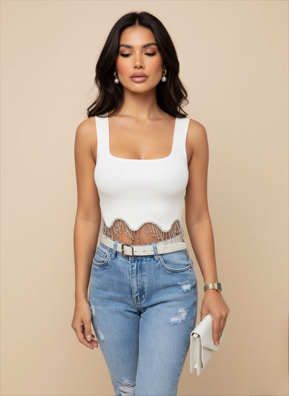 top côtelé court pour femme à strass blanc 