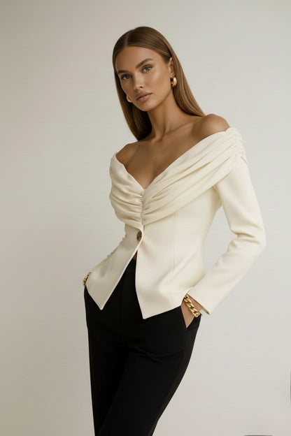 top pour femme col bardot manches longues couleur écru