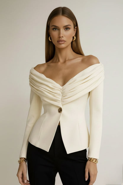 top pour femme col bardot manches longues couleur écru