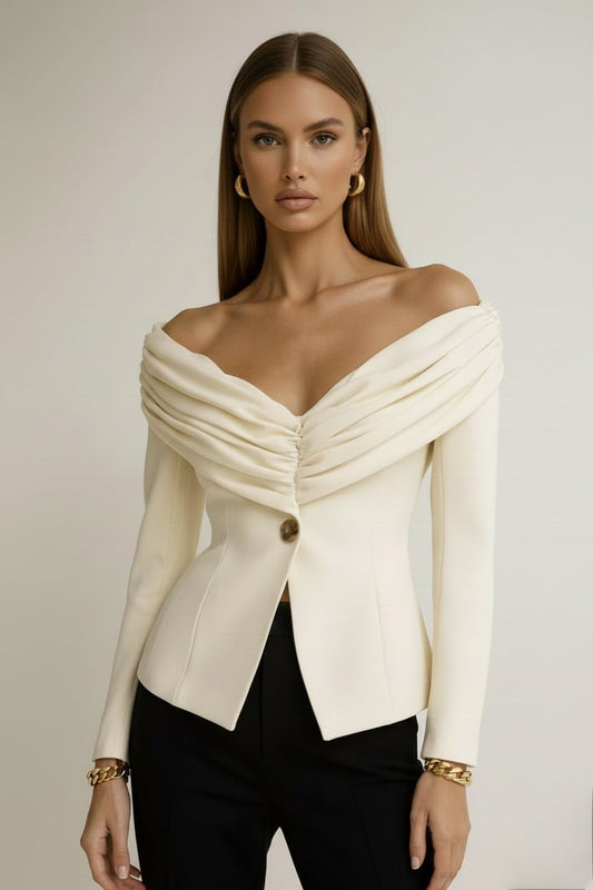 top pour femme col bardot manches longues couleur écru