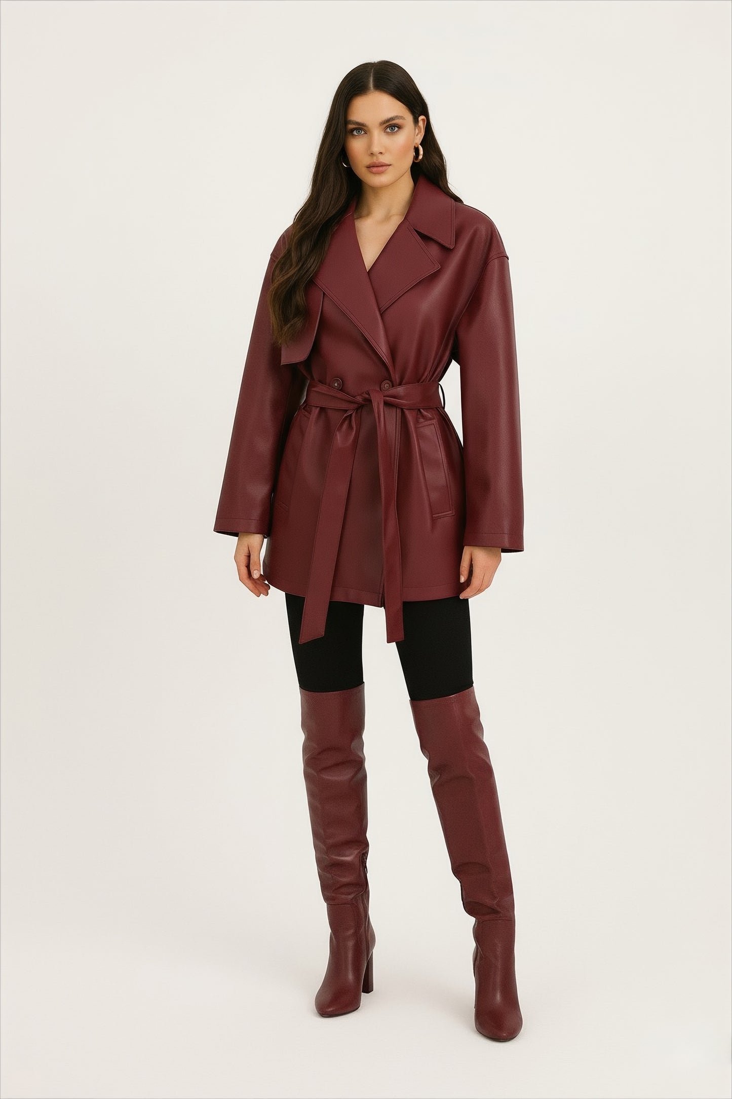 trench pour femme court en similicuir bordeaux et ceinture assortie 