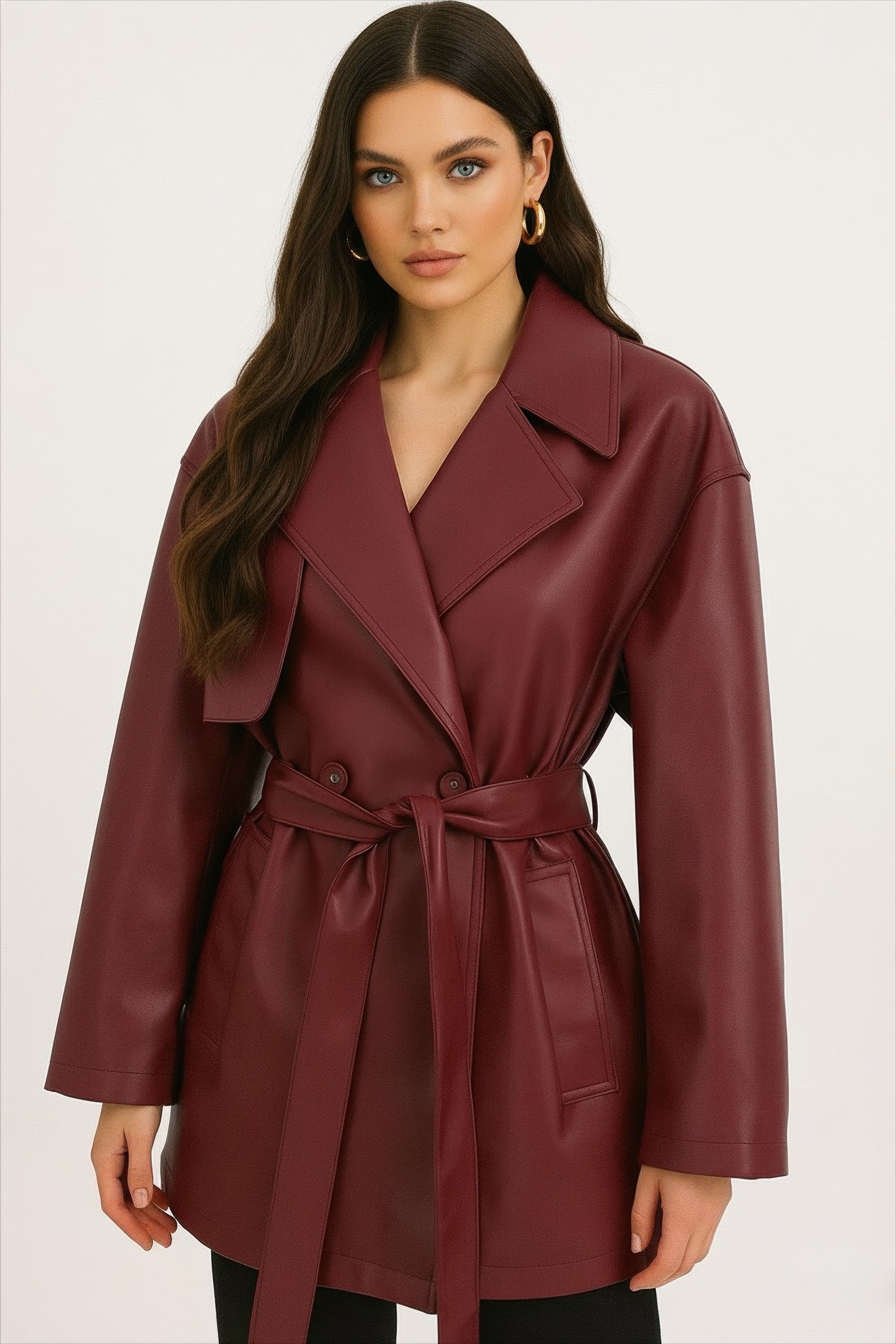 trench pour femme court en similicuir bordeaux et ceinture assortie 
