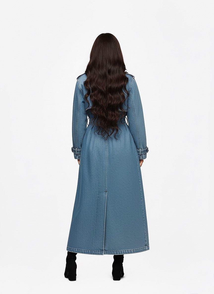 trench pour femme en jeans long bleu 