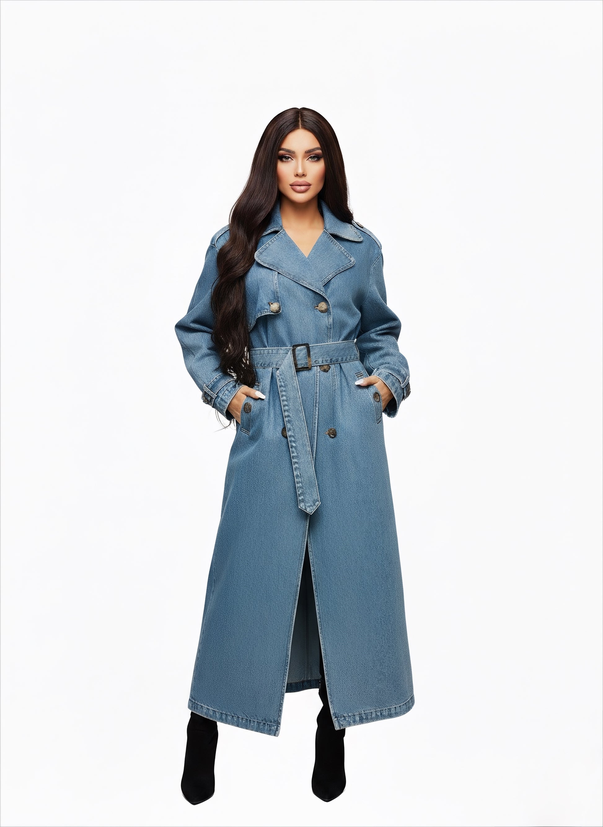 trench pour femme , long en jeans bleu 
