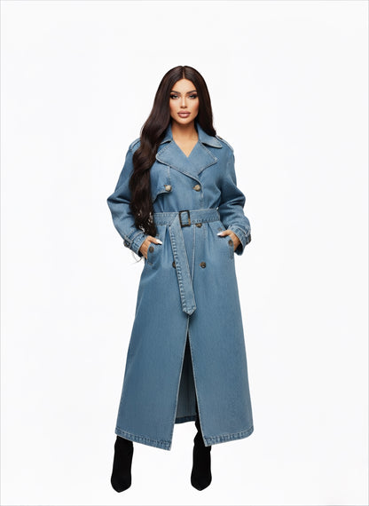 trench pour femme , long en jeans bleu 