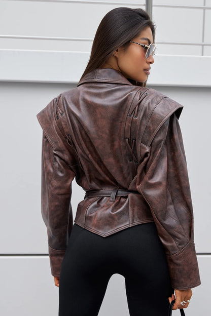 veste-femme-similicuir-courte-marron-a-nouer