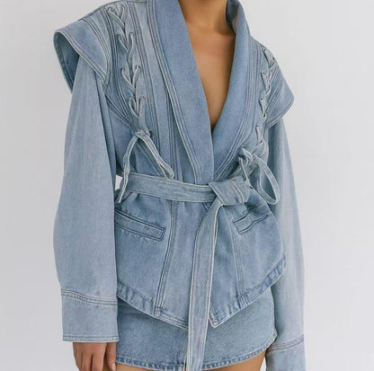 veste en denim bleu pour femme à nouer avec détail lacet 