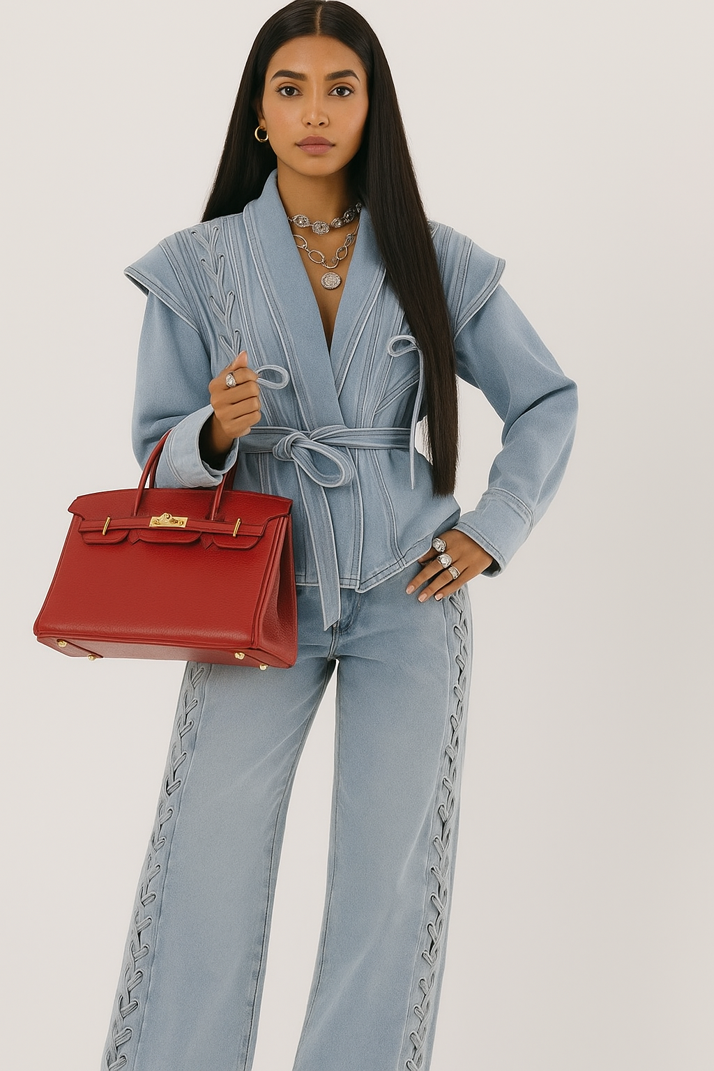 veste en denim bleu pour femme à nouer avec détail lacet 