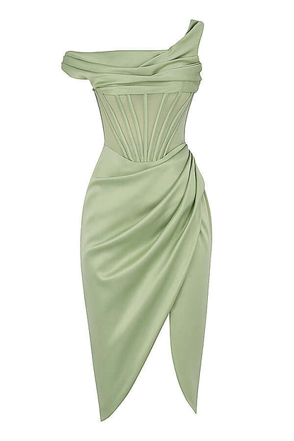 Robe femme en satin verte menthe asymétrique