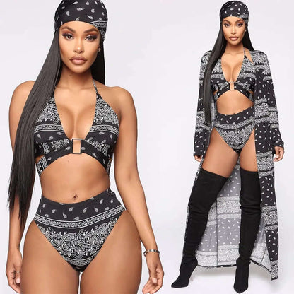 bikini femme imprimé bandana noir  avec kimono 