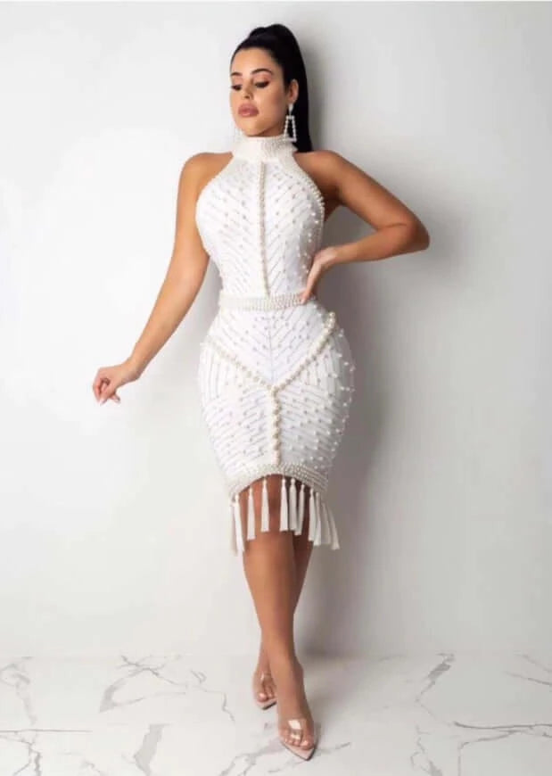 robe-femme-a perle-haute-qualite-matiere-bandage-blanc