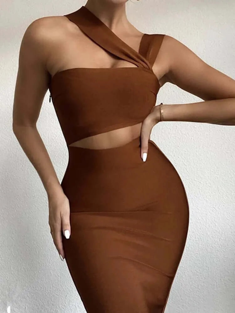 bandage dress brown Jade Off-Shoulder Bandage Dress (Tawny Brown)